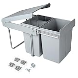 LVJ Einbaumülleimer Unterschrank Küche Abfallsammler Müll-Trennsystem 3 Fächer Ausziehbar 1 x 20 & 2 x 10 l, Gesamtgröße 48 x 34 x 42 cm (L x B x H), Grau