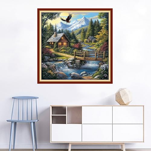 Image of Joyhoor Cross Stitch Kits for Beginners Stamped Cross-Stitch Supplies Needlework preprint Embroidery Kits for Adults DIY Needlepoint Kits Embroidery Patterns 11CT-Creek Cottage 18x18 inchs