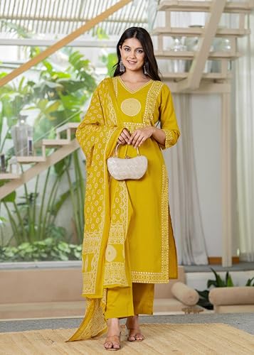 Image of Pistaa's Women's Ethnic Motifs Printed Regular Pure Cotton Kurta with Trousers With Dupatta Set