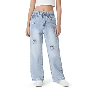 PATPAT Girls Wide Leg Jeans Size 4-14 Years Elastic Waist Ultra Stretch Baggy Jeans with Pockets