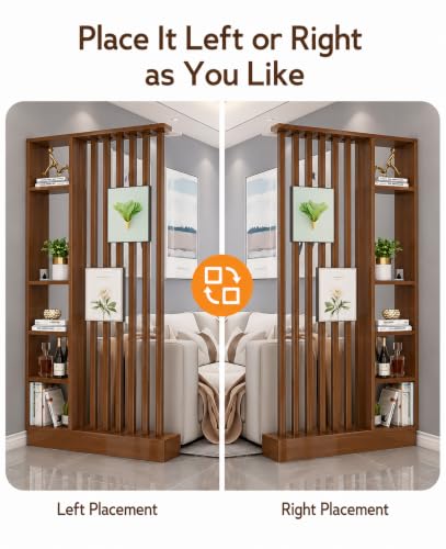 Image of Modern Wooden Room Divider with Storage Shelves | Partition for Living Room & Entryway | Decorative Display Rack with Vertical Slats ((96 x 48 x 6 Brown))