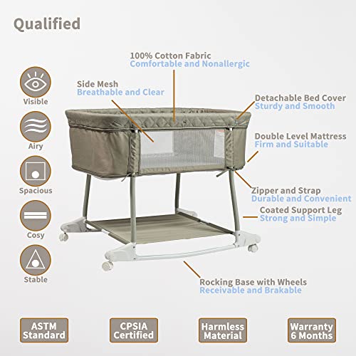 Image of Multi Function Baby Crib Bedside Sleeper Newborn Rocking Bassinet for Infant and Toddler with Wheel Base Portable and Adjustable(Light Grey)