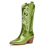 driceic Green Glitter Wide Calf Metallic Embroidered Cowboy Boots For Women Sparkly Mid Calf Chunky Heel Pull on Pointy Toe Western Cowgirl Boots Fashion Vintage Short Booteis For Girl 8.5