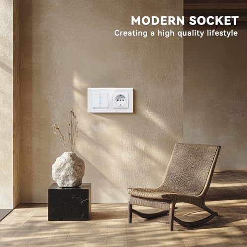 BSEED Lichtschalter mit Steckdose aus Glas, Unterputz Schalter Hintergrundlicht mit Krallen, Wechselschlter NEU E-Serie,2 Fach 1 Weg,Weiß 157mm
