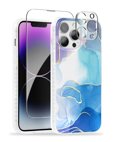 Scorpify iPhone 13 Pro Max Case for Dense Ocean Marble Design, Cute Slim Shockproof Phone Cover for Women Girls, with Tempered Glass Screen Protector+Camera Lens Protector, Stylish Gold Aesthetic Gift