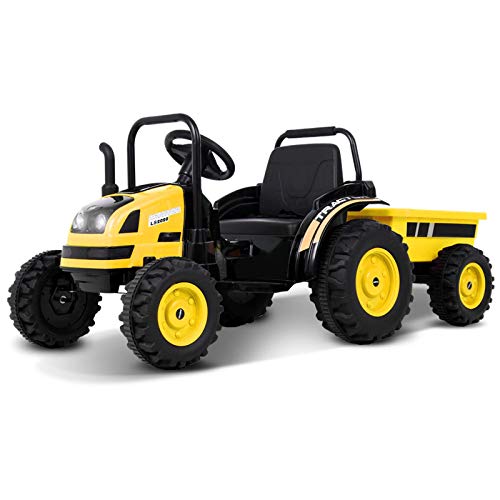 Uenjoy Electric Ride On Tractor with Trailer, Battery Powered Tractor Motorized Vehicles for Kids W/Remote Control, Music, Horn, Spring Suspension,Yellow