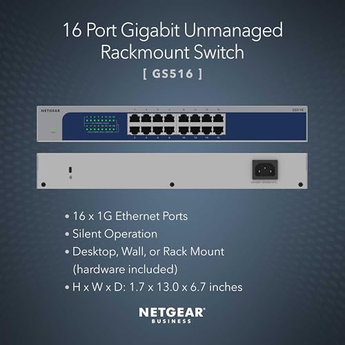 Image of NETGEAR 16-Port Gigabit Ethernet Unmanaged Switch (GS516) - Desktop, Wall, or Rackmount