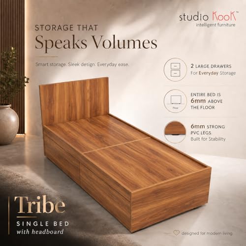 Image of Studio Kook Tribe with Headboard Engineered Wood Single Bed with Drawers (Amber Walnut, Left Side Drawer)