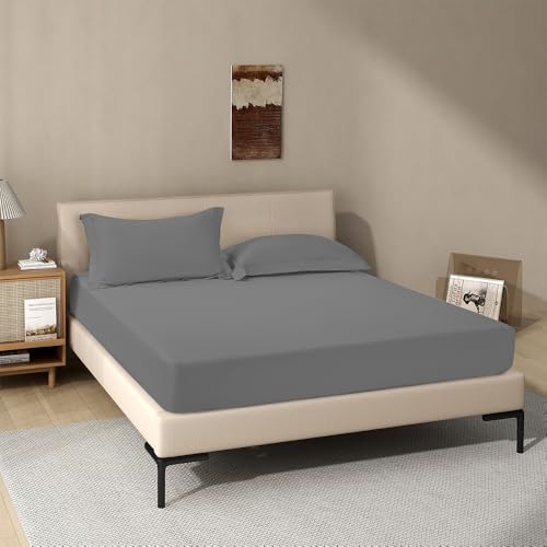 Image of Dark Grey Fitted Sheet,Queen Size Fitted Sheet with Deep Pocket 18 inch,Ultra Soft & Breathable FittedSheet Easily Fits 18 inch to 24 inch Mattress