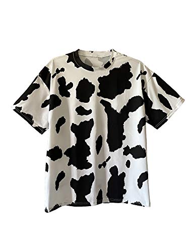 Women's Short Sleeve Round Neck Colorblock Cow Print Summer Casual Oversized T Shirt Tee Tops