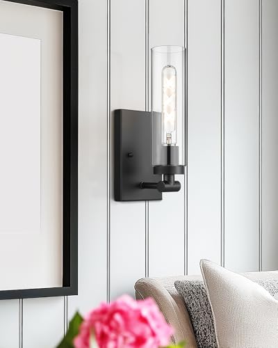 Image of Emak Modern Black Wall Sconces Set of Two, Farmhouse Bathroom Sconce with Clear Glass Shade, 2 Light Bathroom Vanity Light for Living Room, Bedroom, Gallery, WS086-BK-CG-2PK
