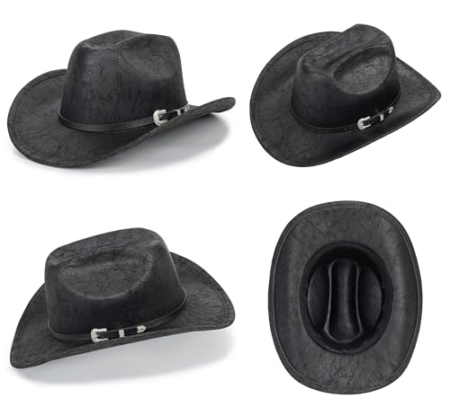 Image of Western-Cowboy-Hats for Women Men - Classic Wide Brim Felt Fedora Unisex Upturn Bull Head Cowgirl Caps with Buckle Belt