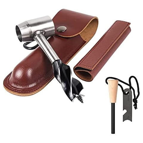 HNONPW Bushcraft Gear for Survival Settlers Bushscraft Hand Auger Wrench with Flint Scotch Eye Wood Drill Peg and Manual Hole Maker Multitool with leather Case Camping brown Cover