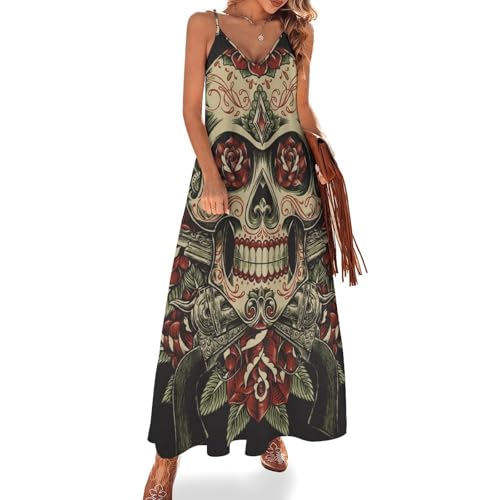 Robe longue pour femme été fleurs crâne robe maxi sans manches pour vacances de plage