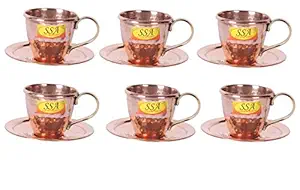 SHIV SHAKTI ARTS Handmade Pure Copper Cups with Brass Handle Small Base and Saucers Hammered Design Homeware hotelware Kitchenware dinnerware Capacity-100 ml Each:: Set of 6