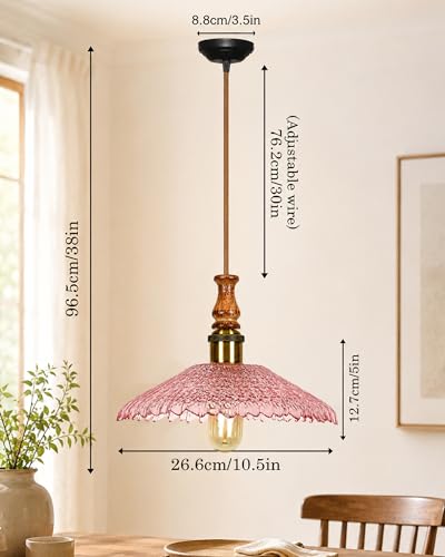 Image of Homesake Botanica Pendant Lamp | Petal Scalloped Glass Hanging Light with Solid Wood Top | Vintage European Ceiling Fixture, Pendant Light for Home Decor, Hallway, Kitchen & Balcony, (Ripple, Pink)