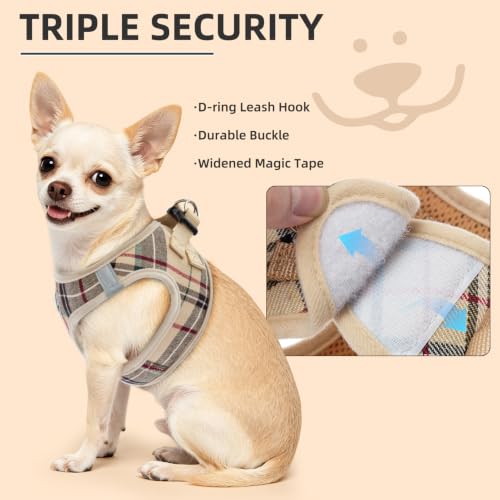 Image of PUPTECK Adjustable Pet Harness Collar and Leash Set for Small Dogs Puppy and Cats Outdoor Training and Running with Classic Beige Plaid Pattern