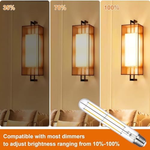 Image of Vinaco 7.3 Inch LED T10 Tubular Edison Bulb 2700K 6W Dimmable E26 Base | 6 Pack, 600LM, 60W Eq. No Flicker, Clear Glass Long Vintage Tube Bulb for Pendant, Chandelier, Wall Sconces, Piano Light