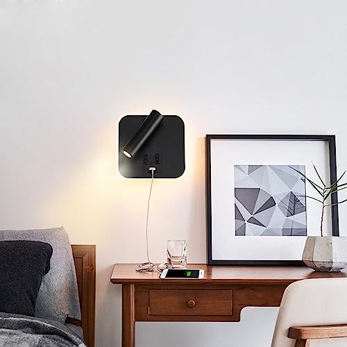 Image of USB Charging Port Wall Wash Light Black Bed LED with Interior Wall Adjustable Spotlight Reading lamp Wall lamp Bedroom Indoor Bedside Lamp 3000K (3W + 10W)