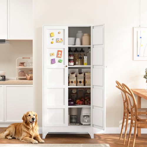 Image of Yizosh Metal Storage Cabinet with 2 Doors and 4 Adjustable Shelves,- 72 inch White Kitchen Pantry Storage Cabinet for Kitchen,Living Room,Dining Room