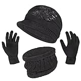 YSense Women 3 in 1 Hat Scarf and Gloves Set, Fleece Lined Winter Warm Beanie Hat Newsboy Touchscreen Gloves Scarves,Black, Large