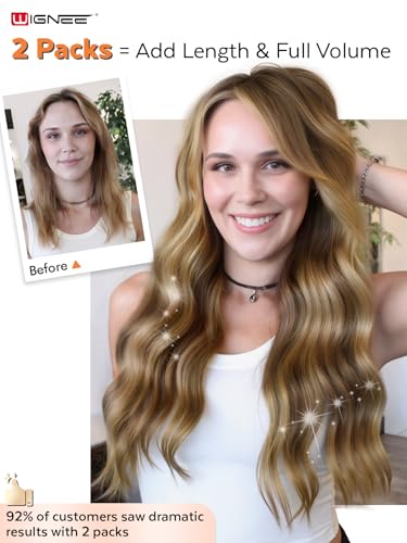 WIGNEE Double Invisible OVO Balayage Hair Extension Genius Invisible Weft with Holes 18 Inch Highlight Honey Blonde Remy Human Hair Extension Sew ins Straight Extension Hair Weaves 5 PCS 100g (T4/27)