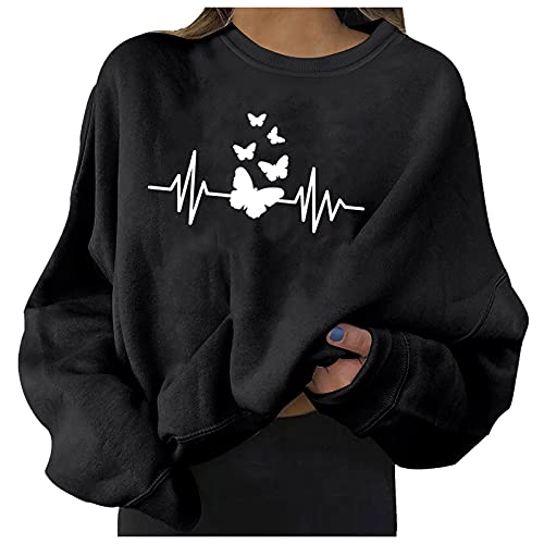SUNNSEAN Lange Ärmel Pullover Damen Winter mit Rundhalsausschnitt, Vintage Sweatshirt Oversized Liebesmuster Teenager Mädchen Sportbekleidung for Women Hoodies, Schwarz-11, S Cover