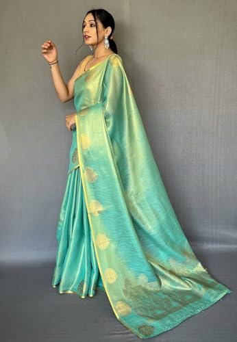 Image of SWORNOF Gold-Toned Woven Design Silk Zari Tissue Saree | Saree for Women | Soft and Skin Friendly