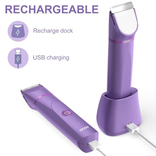 Image of OLOV Electric Body Hair Trimmer - Groin Trimmer for Men - Bikini Trimmer Women - Wet /Dry Shaver Groomer, Replaceable Ceramic Blade Heads, USB Recharge Dock, Waterproof Hygiene Razor, Bright Purple