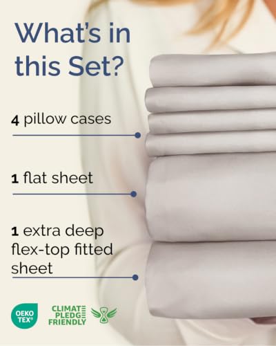 Image of Extra Deep Flex Top Split Head King Sheet Set - 6 Piece Breathable and Cooling Sheets - Hotel Luxury Bedding for Women, Men, Kids & Teens - Easy Secure Fit - Extra Deep Pockets - Light Grey