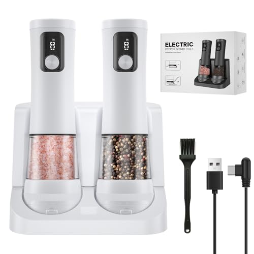 Set di 2 macinapepe elettrico e macinapepe, con base ricaricabile, 5 regolabili, display LED, regalo da cucina (2, bianco, base ricaricabile USB)