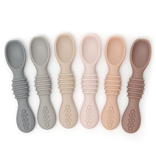 Image of PrimaStella Silicone Chew Spoon 6-Piece Set | First Stage Feeding Spoons | Baby Led Weaning Supplies | BPA Free | Dishwasher and Boil Safe | Neutral Palette