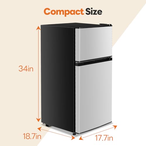 Image of Sweetcrispy 3.2 Cu.Ft Mini Fridge with Freezer, 2 Door Small Refrigerator with Adjustable Thermostat Energy-efficient Low Noise, Compact Fridge for Bedroom, Office, Dorm, Silver