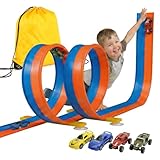 5M Flexible Autorennbahn Set mit 2 Loopings, 2-in-1 Rennbahn mit Autos & Tragtasche, Schwerkraft & Pull-Back Rennstrecke, Spielzeug für Kinder ab 3 4 5 6 Jahre, Geschenk für Indoor/Outdoor (Orange)