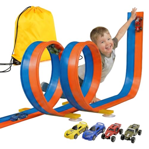 5M Flexible Autorennbahn Set mit 2 Loopings 2-in-1 Rennbahn mit Autos & Tragtasche Schwerkraft & Pull-Back Rennstrecke Spielzeug für Kinder ab 3 4 5 6 Jahre Geschenk für Indoor/Outdoor (Orange)