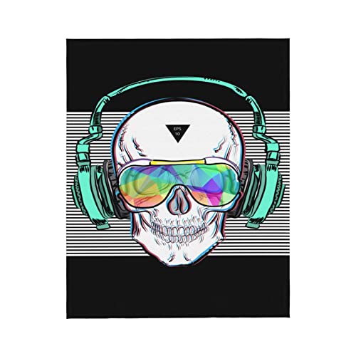 Kamoxi Skull Throw Blankets For Women Men Punk Skull In Glasses Headphones Fluffy Blanket Gifts Black White Stripe Hipster Pop Fleece Plush Blanket Soft Comfy Flannel Blanket For Sofa Bed 50"X40" #TOP1