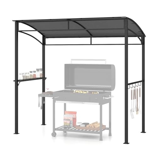 Tangkula 7ft Grill Gazebo Patio Barbecue Canopy with Serving Shelf and Storage Hooks Curved Grill Shelter w/Heavy-Duty Steel Frame Sunshade Awning for Outdoor Garden (Gray)