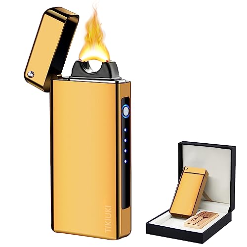 TIKIUKI Electric Plasma Dual Arc Lighter - Flameless Windproof Electronic with Smart Chip for Candle, Incense Stick, Outdoor Camping (Golden)