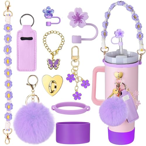 Stanley Cup Accessories Set, 10PCS Stanley Cup Decor Includes Stanley Straw Cover, Water Bottle Handle Strap, Silicone Stanley Cup Boot, Stanley Charms for Stanley Cup 40oz & 30 oz Tumbler, Purple