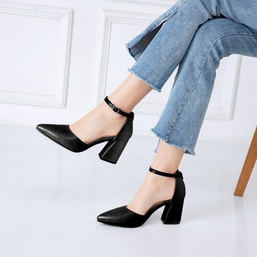 Shinelly Women High Heels Chunky Block Pumps Pointed Closed Toe Ankle Strap Sandals Dress Wedding Shoes4