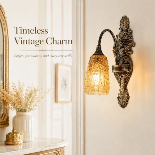 Image of Rustic Glass Wall Sconce Vintage Antique Gothic Black Brush Gold Wall Light Fixture Retro Mid Centry Glass Wall Sconce for Bedroom, Living Room, Mirror, Hallway