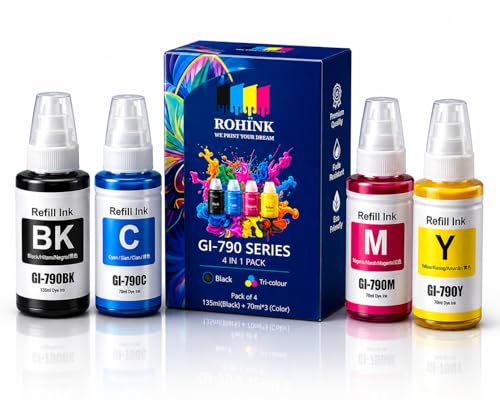 Image of ROHINK Compatible Refill Ink Bottles for Canon G Series Printer PIXMA G1000 G1010 G2000 G2002 G2010 G2012 G3000 G3010 G3012 G4000 G4010 (135ML Black,70ML Cyan, Yellow, Magenta)