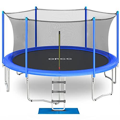 ORCC 2021 Upgrade Trampoline Max Weight Capacity 450LBS, 15 14 12 10 FT Kids Trampoline with Safety Enclosure Net Wind Stakes Rain Cover Ladder, Outdoor Trampoline for Kids Adults, Backyard Trampoline