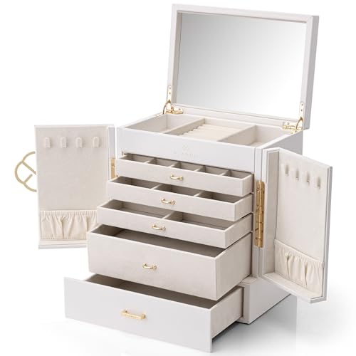VLANDO Joyero, regalo para el día de la madre, organizador de joyas con bandeja extraíble para collares, aretes, anillos, pulseras, expositores de almacenamiento de joyas para mujer (blanco)