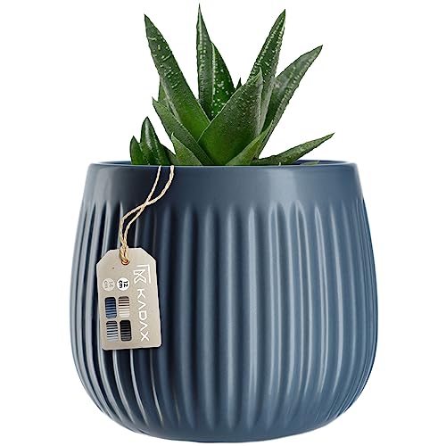 KADAX Blumentopf, Keramikpflanztopf mit Dekoprägungen, Pflanztopf in 4 Farbvarianten, Blumenkübel für Zimmerpflanzen aus Keramik, Übertopf im Zeit-losem Design (12cm, Dunkelblau)