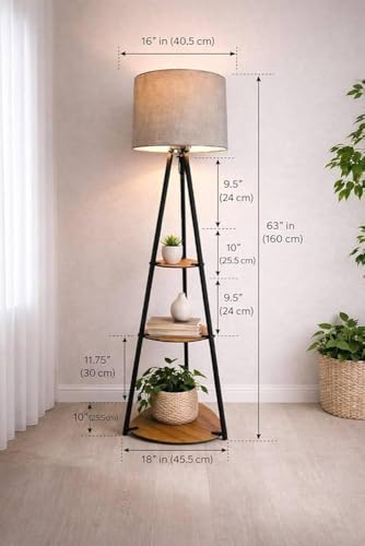 Image of Modern Wooden Shelf Floor Lamp with Fabric Shade | 3-Tier Storage Stand Lamp for Living Room, Bedroom & Home Decor
