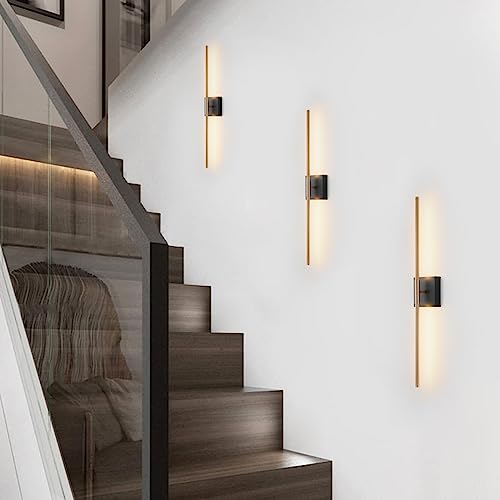 Image of KUZZULL Modern Light Fixture Set of Two 27.8x4.3x3.4in Black and Brass Gold Sconces 1200Lm LED Wall Lights for Bathroom, Living Room, Corridor