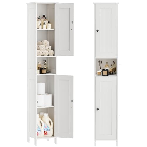 Homleke Tall Bathroom Storage Cabinet with 2 Doors, 67'H Narrow Storage Cabinet with Adjustable Shelves& Anti-Tip Design, Reversible Door Installation, Easy Assembly, 11.8 x 11.8 x 66.9 Inches, White