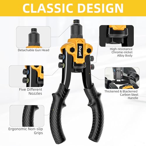 Rivet Gun, 1/4 Pop Rivet Gun Kit with 200 Blind Rivets, 5 Interchangeable Rivet Heads (3/32", 1/8", 5/32", 3/16", 1/4"), Heavy Duty Hand Riveter Tool for Metal, Gutter & Automotive - Image 6