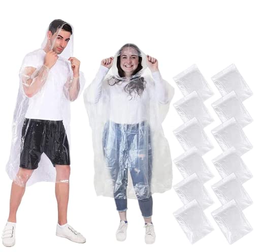 Voarge 12 Paquetes de Ponchos Desechables para la Lluvia, Ponchos de Emergencia, para Hombres, Mujeres y niños, Transparentes, Desechables y Resistentes al Agua